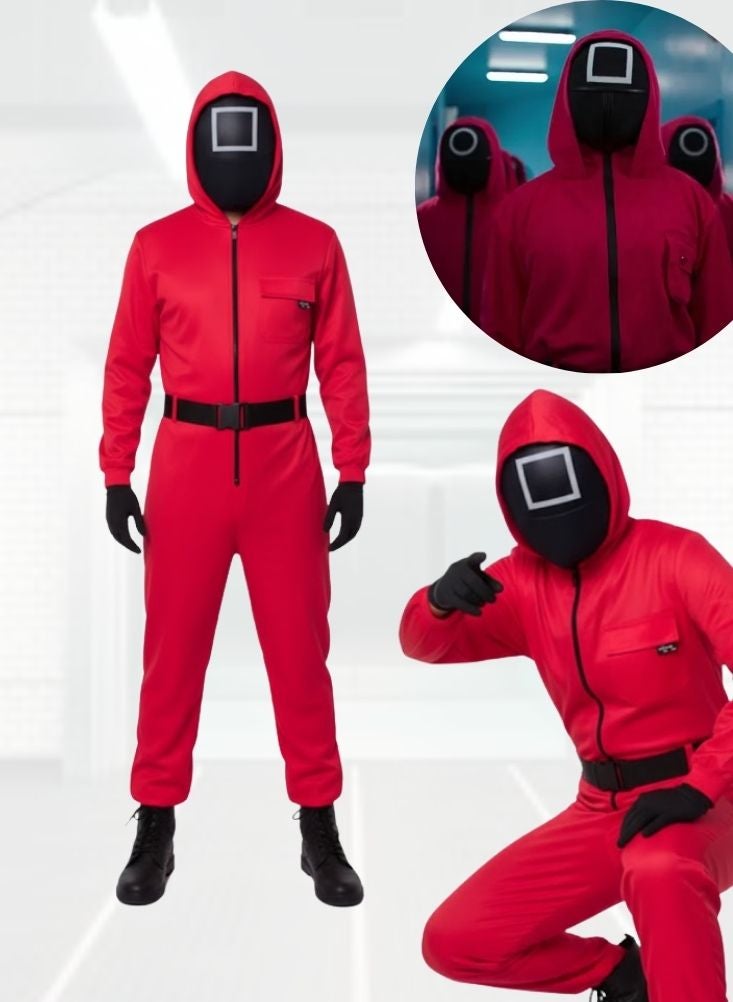 بريميم زي حارس لعبة الحبار - بدلة كاملة مع قناع أحمر بغطاء رأس للهالوين والكوسبلاي - Image 1